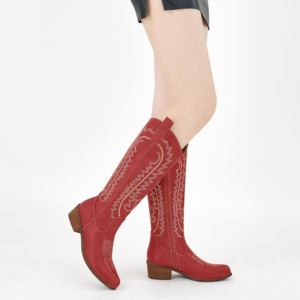 Women's Red Embroidered Knee High Chunky Heel Pointed Zipper Tall Boots - Picture 6 of 7
